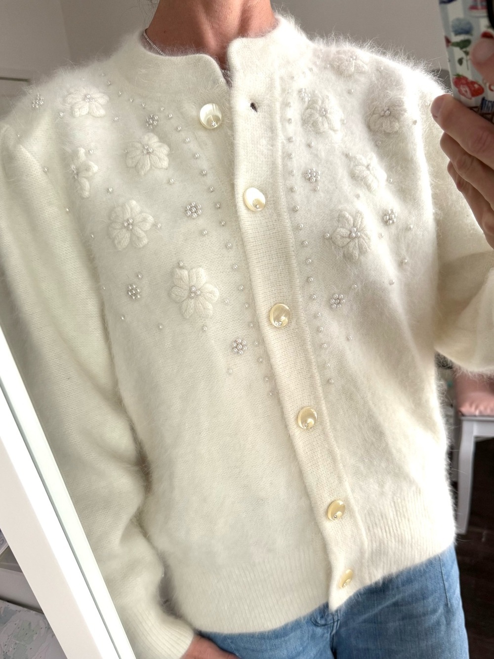 Vintage Ivory Angora Blend Cardigan Pearl Floral Embellished Sweater